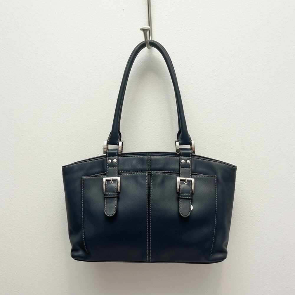 Clarks Navy Leather Purse Buckle Tote Pebbled Leather Satchel Shoulder Bag